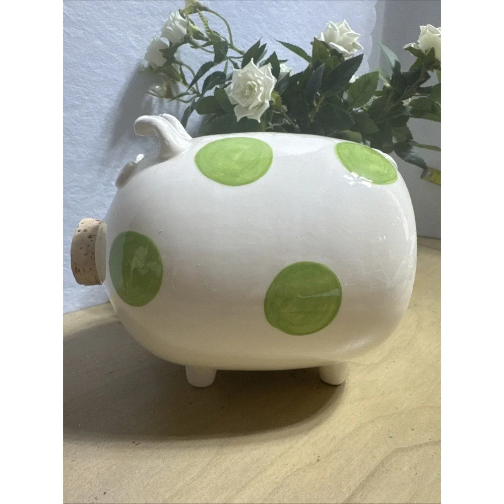 Ceramic Piggy Bank 2008 Green Polka Dots 6